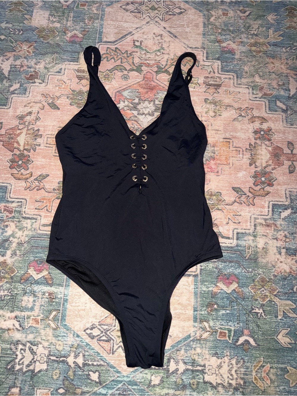 Tahari Black One-Piece Swimsuit with Lace-Up Front